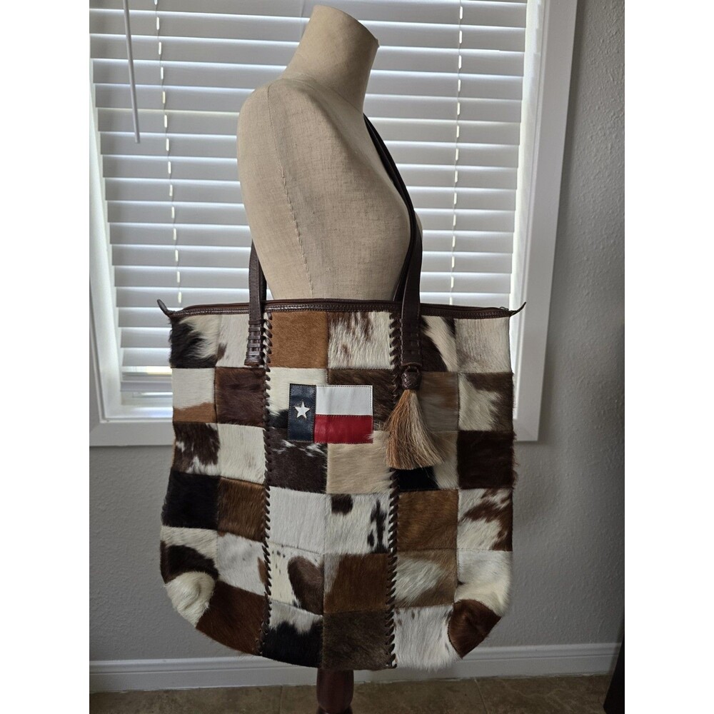 VTG Western Cowhide Patchwork Texas Flag Tote Bag Tassel Boho Rodeo Rustic